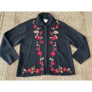 VTG> Crystal -Kobe Zipper front Cardigan Sweater floral Embroidery SZ L